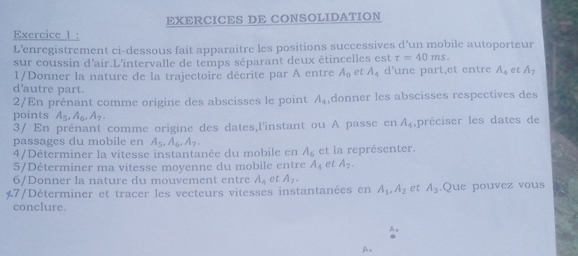 EXERCICES DE CONSOLIDATION 
Exercice 1 : 
L’enregistrement ci-dessous fait apparaitre les positions successives d’un mobile autoporteur 
sur coussin d'air.L'intervalle de temps séparant deux étincelles est tau =40ms. 
1/Donner la nature de la trajectoire décrite par A entre A_0 et A_4 d’une part,et entre A_4 et A_7
d'autre part. 
2/En prénant comme origine des abscisses le point A_4 ,donner les abscisses respectives des 
points A_5, A_6, A_7, 
3/ En prénant comme origine des dates,l'instant ou A passe en A_4 ,préciser les dates de 
passages du mobile en A_5, A_6, A_7. 
4/Déterminer la vitesse instantanée du mobile en A_6 et la représenter. 
5/Déterminer ma vitesse moyenne du mobile entre A_4 et A_7. 
6/Donner la nature du mouvement entre A_4 et A_7. 
*7/Déterminer et tracer les vecteurs vitesses instantanées en A_1, A_2 et A_3.Que pouvez vous 
conclure. 
A.