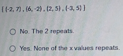  (-2,7),(6,-2),(2,5),(-3,5)
No. The 2 repeats.
Yes. None of the x values repeats.