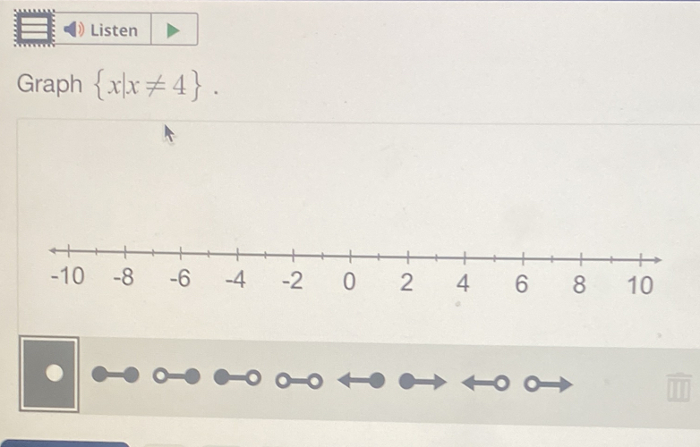 Listen 
Graph  x|x!= 4.