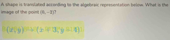 A shape is translated according to the algebraic representation below. What is the 
image of the point (0,-2) 7
B(be,y)^3to B(x,9^2133^3y,81491,