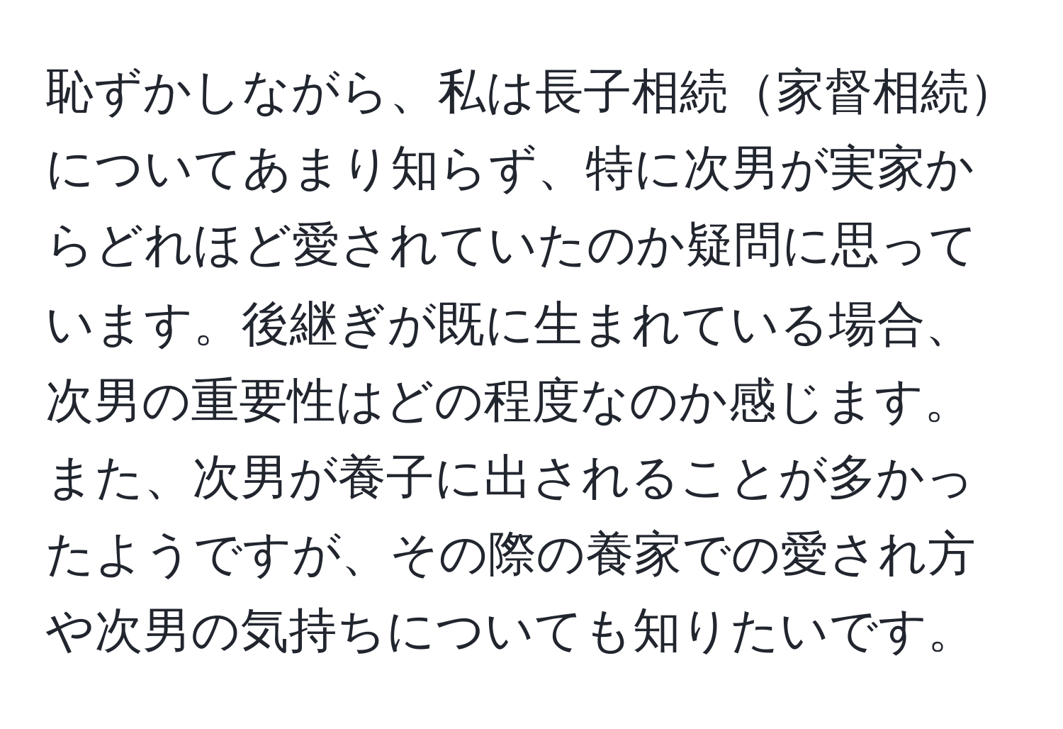 恥ずかしながら、私は長子相続家督相続についてあまり知らず、特に次男が実家からどれほど愛されていたのか疑問に思っています。後継ぎが既に生まれている場合、次男の重要性はどの程度なのか感じます。また、次男が養子に出されることが多かったようですが、その際の養家での愛され方や次男の気持ちについても知りたいです。