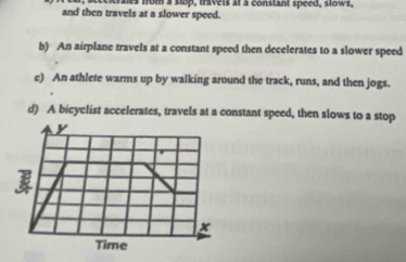 and then travels at a slower speed. es from a slop, travers at a constant speed, slows,
b) An airplane travels at a constant speed then decelerates to a slower speed
e) An athlete warms up by walking around the track, runs, and then jogs.
d) A bicyclist accelerates, travels at a constant speed, then slows to a stop