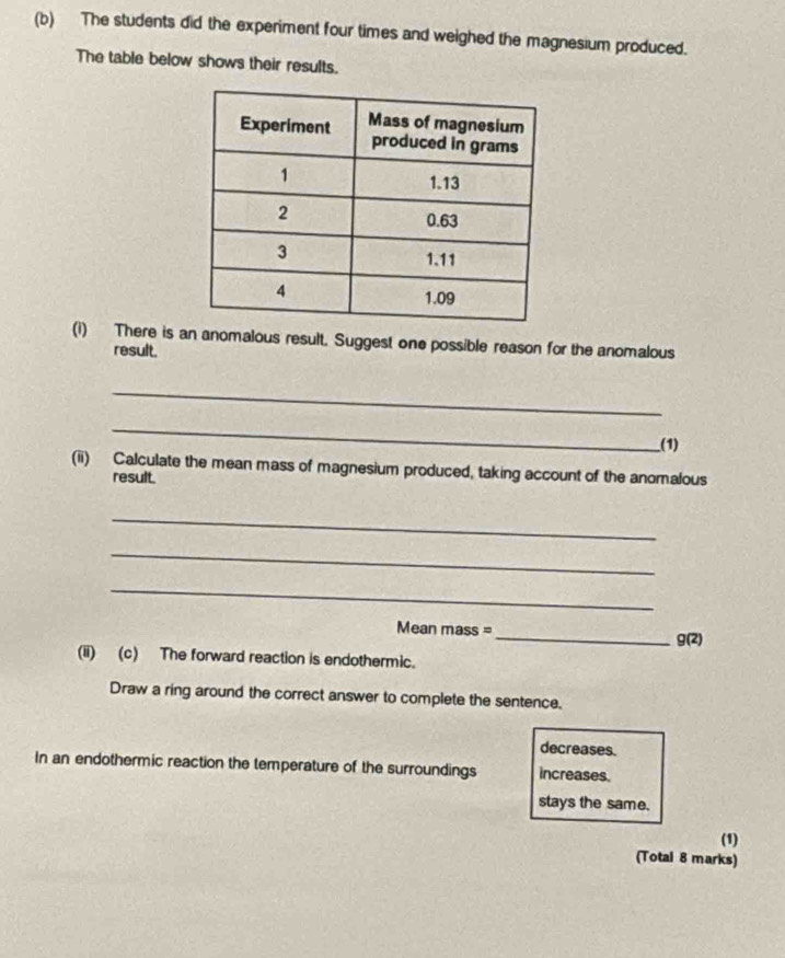 The students did the experiment four times and weighed the magnesium produced. 
The table below shows their results. 
(i) There is an anomalous result. Suggest one possible reason for the anomalous 
result. 
_ 
_ 
(1) 
(ii) Calculate the mean mass of magnesium produced, taking account of the anomalous 
result. 
_ 
_ 
_ 
_ 
Mean mass =
g(2)
(ii) (c) The forward reaction is endothermic. 
Draw a ring around the correct answer to complete the sentence. 
decreases. 
In an endothermic reaction the temperature of the surroundings increases. 
stays the same. 
(1) 
(Total 8 marks)