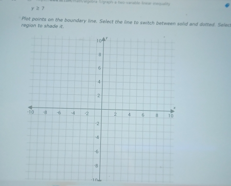 m4math/algebra-1/graph-a-two-variable-linear-inequality
y≥ 7
Plot points on the boundary line, Select the line to switch between solid and dotted. Selec 
region to shade it.
-1∩,