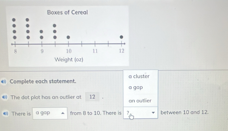 a cluster
Complete each statement.
a gap
The dot plot has an outlier at 12
an outlier
There is a gap from 8 to 10. There is ? between 10 and 12.