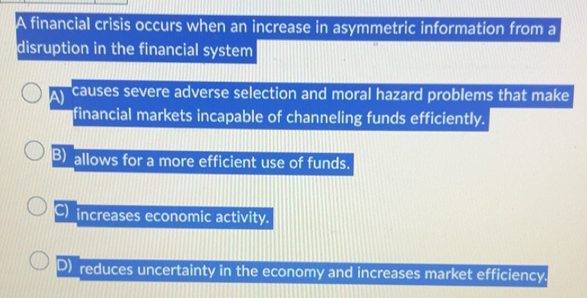 Solved: A financial crisis occurs when an increase in asymmetric ...