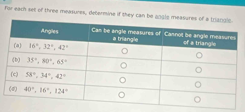 For each set of three measures, determine if they can be angle m