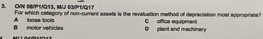 O/N 08/P1/Q13, M/J 03/P1/Q17
For which category of non-current assets is the revaluation method of depreciation most appropriate?
A loose tools C office equipment
B motor vehicles D plant and machinery