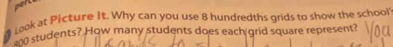 Look at Picture It. Why can you use 8 hundredths grids to show the school 
students? How many students does each grid square represent?