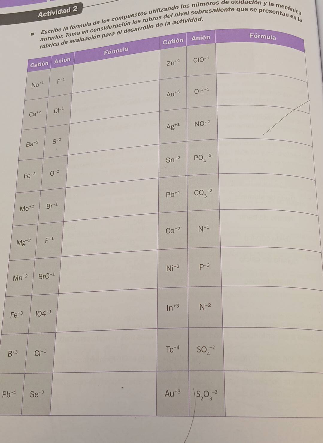 Actividad 2
e los compuestos utilizando los números de oxidación y la mecánica
los rubros del nivel sobresaliente que se presentan en la
actividad.
Mn^(+2)
Fe^(+3)
B^(+3)
Pb^(+4)