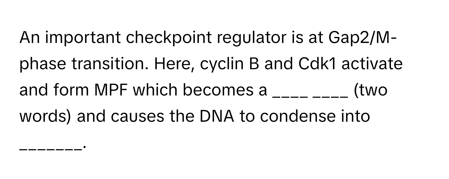 An important checkpoint regulator is at Gap2/M-phase transition. Here, cyclin B and Cdk1 activate and form MPF which becomes a ____ ____ (two words) and causes the DNA to condense into _______.