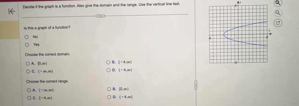 Decide if the graph is a function. Also give the domain and the range. Use the vertical line test. Ay
Is this a graph of a function?
No
Yes
Choose the correct domain.
A. [0,∈fty )
B. [-4,∈fty )
C. (-∈fty ,∈fty )
D. (-4,∈fty )
Choose the correct range.
A. (-∈fty ,∈fty )
B. [0,∈fty )
D.
C. [-4,∈fty ) (-4,∈fty )