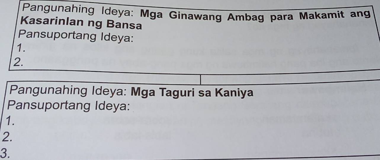 Pangunahing Ideya: Mga Ginawang Ambag para Makamit ang 
Kasarinlan ng Bansa 
Pansuportang Ideya: 
1. 
2. 
Pangunahing Ideya: Mga Taguri sa Kaniya 
Pansuportang Ideya: 
1. 
2. 
3.