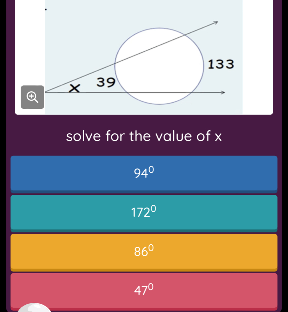 solve for the value of x
94°
172°
86°
47°