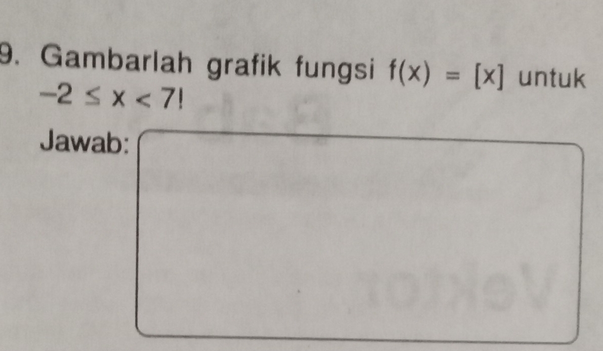 Gambarlah grafik fungsi f(x)=[x] untuk
-2≤ x<7!
Jawab: