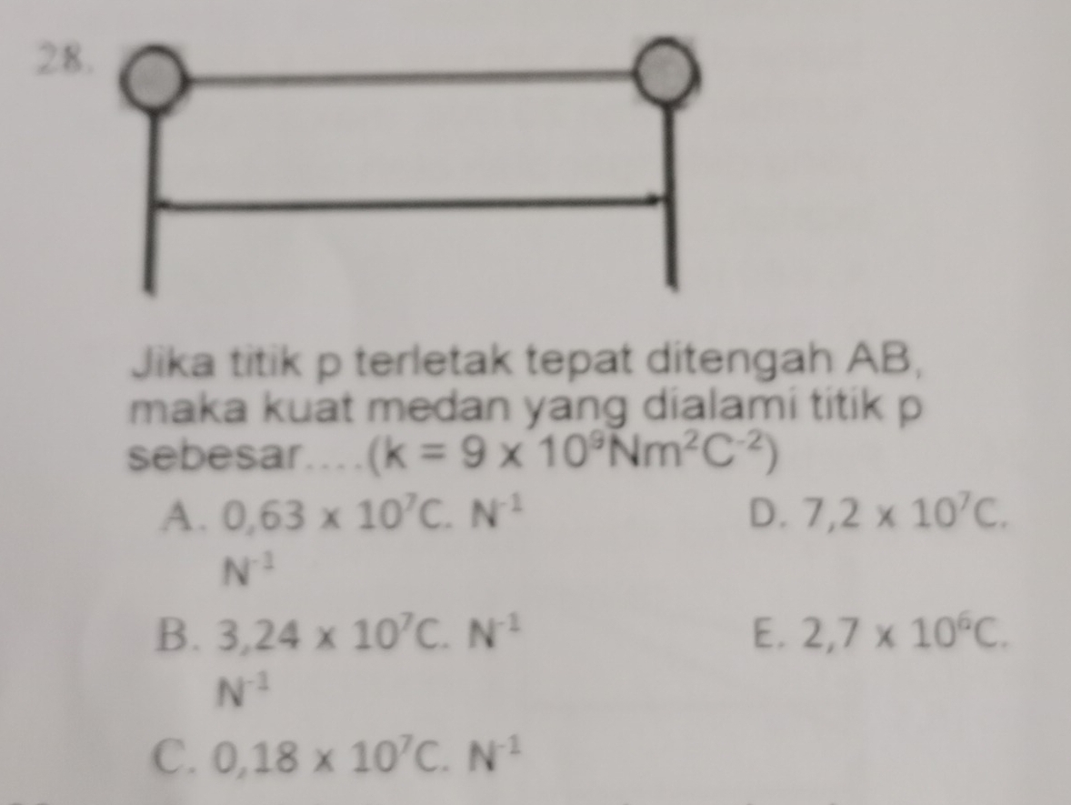 Jika titik p terletak tepat ditengah AB,
maka kuat medan yang dialami titik p
sebesar.... (k=9* 10^9Nm^2C^(-2))
A. 0,63* 10^7C.N^(-1) D. 7,2* 10^7C.
N^(-1)
B. 3,24* 10^7C.N^(-1) E. 2,7* 10^6C.
N^(-1)
C. 0,18* 10^7C.N^(-1)