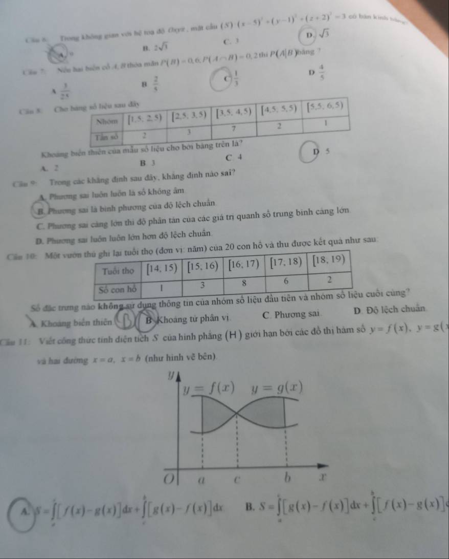 Cầu δ Trong không gian với hệ toa độ Oxyz , mặt cầu (N) (x-5)^2+(y-1)^2+(z+2)^2=3 có bàn kinh bằng
D. sqrt(3)
B. 2sqrt(3)
C. 3
Cầu 7:  Nền hai biển cổ 4, 8 thòa mẫn P(B)=0.6,P(A∩ B)=0,2th |P(A|B bảng ?
A  3/2^5 
B  2/5 
C  1/3 
D  4/5 
Căn 8. Ch
Khoang biện thiên của mẫu số D 5
C. 4
A. 2 B. 3
Cầu 9: Trong các khăng định sau đây, khẳng định nào sai?
A. Phương sai luôn luôn là số không âm
B. Phương sai là bình phương của độ lệch chuẩn
C. Phương sai càng lớn thi độ phân tán của các giá trị quanh số trung binh cảng lớn
D. Phương sai luôn luôn lớn hơn độ lệch chuân
Cần 10: Một vm) của 20 con hồ và thu được kết quả như sau:
Số đặc trưng nào không sự dụng thông tin của nhóm ối cùng?
A. Khoảng biên thiên B Khoảng tử phân vị C. Phương sai D. Độ lệch chuẩn
Cầu 1: Viết công thức tính diện tích S của hình phẳng (H) giới hạn bởi các đồ thị hàm số y=f(x),y=g(x
và hai đường x=a,x=b (như hinh vẽ bên)
A. S=∈tlimits [f(x)-g(x)]dx+∈tlimits [g(x)-f(x)]dx B. S=∈tlimits [g(x)-f(x)]dx+∈tlimits [f(x)-g(x)]