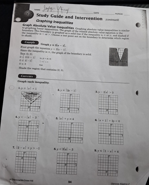 NAME _#ERIOD 
DATE 
2-7 Study Guide and Intervention (continued)_ 
Graphing Inequalities 
Graph Absolute Value Inequalities Graphing abeolute value inequalities is similar 
to graphing linear inequalities. The graph of the related absolute value squation is the 
boundary. This boundary is graphed as a solid line if the inequality is ≤ or , and dashed if 
to shade. the inequality i s=or. Choose a test point not on the boundary to determine which region 
Example Graph y≤ 3|x-1|. 
First graph the equation y=3|x-1|. 
Tes Since the inequality is ≤, the graph of the boundary is solid.
(0,0)
0=3|0-1| ;y)=(0,0)
0=3|-1| |-1|=1
0≤ 3 trug 
Shade the region that contains (0,0). 
Exercises 
Graph each inequality. 
1. y≥ |x|+1 2 y≤ |2x-1| 3. y-2|x|>3. 
。 ; 
7 。 7 
4. y<-|x|-3 5. |x|+y≥ 4 6. |x+1|+2y<0</tex> 
+r 
+ 
a
0 7
0
7. |2-x|+y>-1 8. y<3|x|-3 9. y≤ |1-x|+4
+r 
。 7 
。 7 
。 
o Giencow/McGraw-Hill! 94 Glencoe Algebra 2