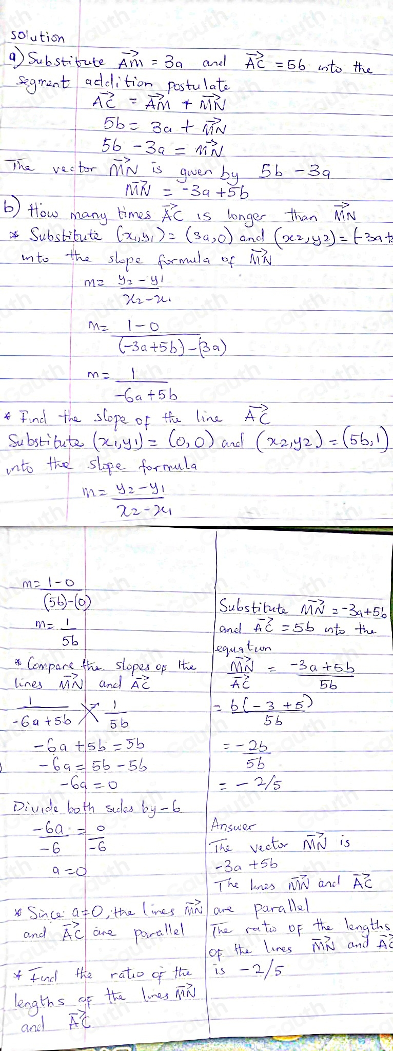 Solved: vector AM=3a vector AC=5b a) Express vector MN in terms of a ...