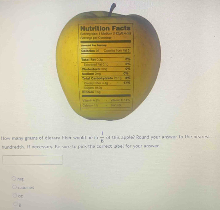 How many grams of dietary fiber would be in  1/6  of this apple? Round your answer to the nearest
hundredth, if necessary. Be sure to pick the correct label for your answer.
mg
calories
OZ
g