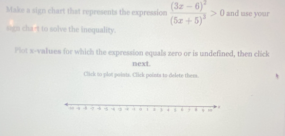 Make a sign chart that represents the expression frac (3x-6)^2(5x+5)^3>0 and use your 
sign chart to solve the inequality. 
Plot x -values for which the expression equals zero or is undefined, then click 
next. 
Click to plot points. Click points to delete them.
x
-10 -9 -8 -7 -6 -5 -4 -3 -2 -1 1 2 3 4 5 6 7 8 9 10