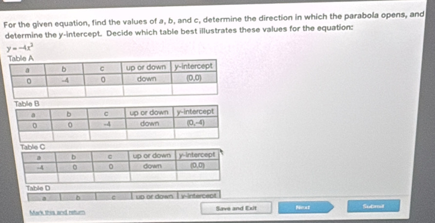 For the given equation, find the values of a, b, and c, determine the direction in which the parabola opens, and
determine the y-intercept. Decide which table best illustrates these values for the equation:
y=-4x^2
Table D
a b C up or down İ v-intercept
Mark this and retum Save and Exit Nemt Submil