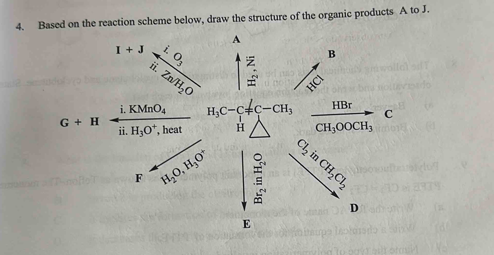 Based on the reaction scheme below, draw the structure of the organic products A to J.
^30°* ,frac i.O_3ii.Zn/H_2O