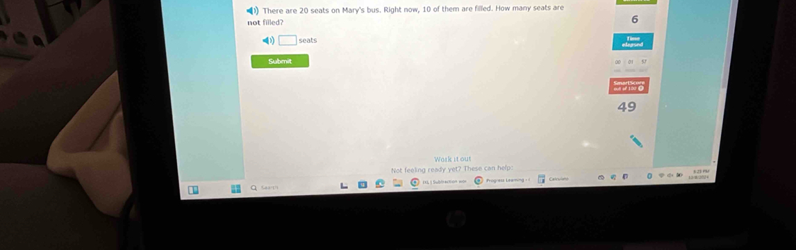 ) There are 20 seats on Mary's bus. Right now, 10 of them are filled. How many seats are 
not filled
6 < <tex>□ seats 
Submit 
cn 2 1∞ 0
49
Work it out 
Not feeling ready yet? These can help: 
ea IXL | Subtraction wo Calewiato