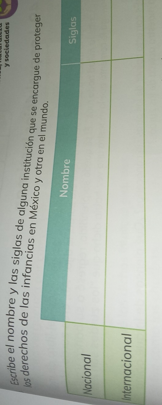 sociedades 
Escribe el nombre y las siglas de alguna institución que se en 
los derechos de las infancias en Mé 
I