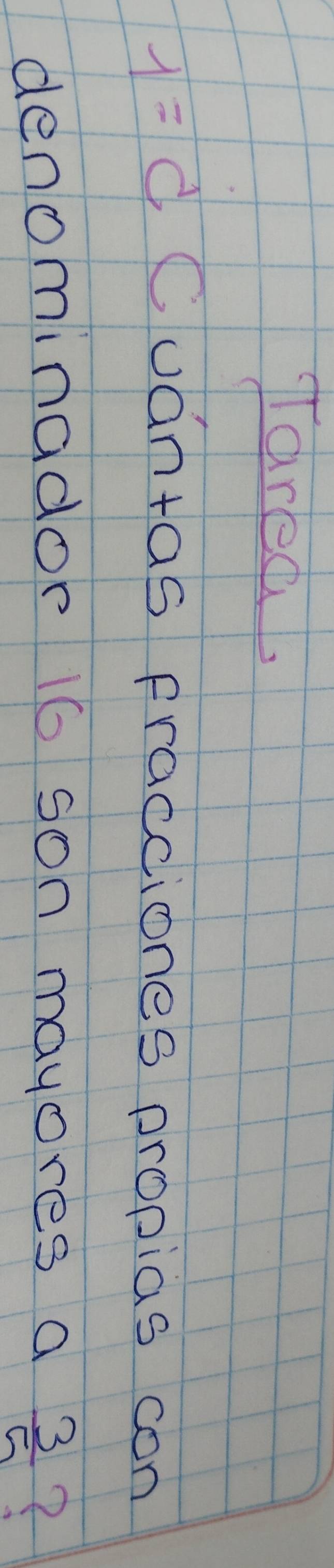 Tarea, 
1=d Cuantas pracciones propias con 
denominador 16 son mayores a  3/5 