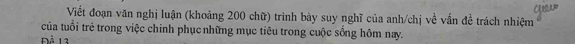 Viết đoạn văn nghị luận (khoảng 200 chữ) trình bày suy nghĩ của anh/chị về vấn đề trách nhiệm 
của tuổi trẻ trong việc chinh phục những mục tiêu trong cuộc sống hôm nay. 
Đề 13