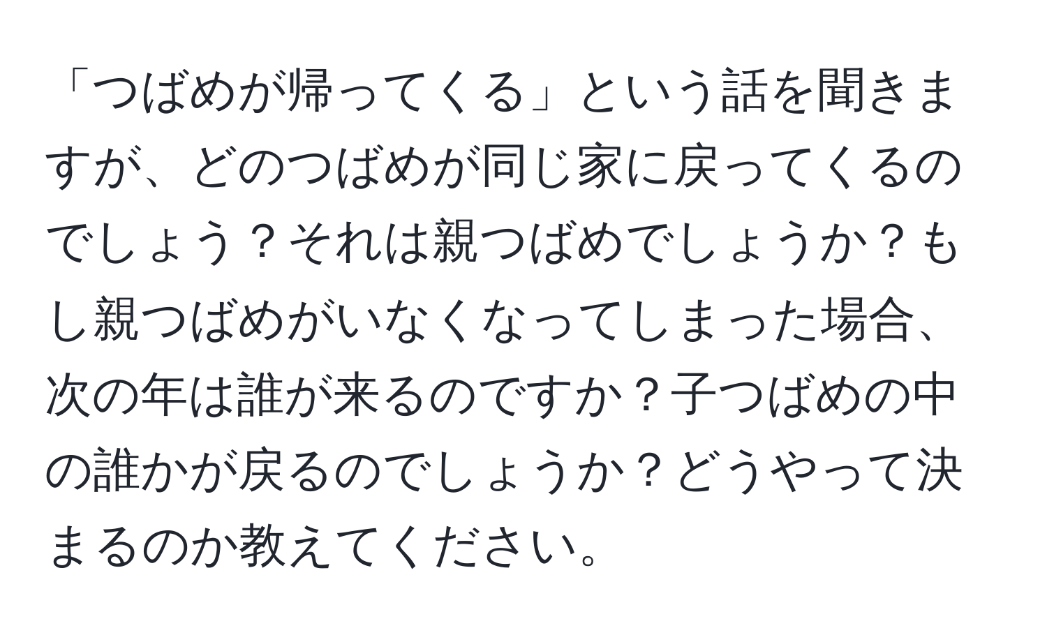 「つばめが帰ってくる」という話を聞きますが、どのつばめが同じ家に戻ってくるのでしょう？それは親つばめでしょうか？もし親つばめがいなくなってしまった場合、次の年は誰が来るのですか？子つばめの中の誰かが戻るのでしょうか？どうやって決まるのか教えてください。