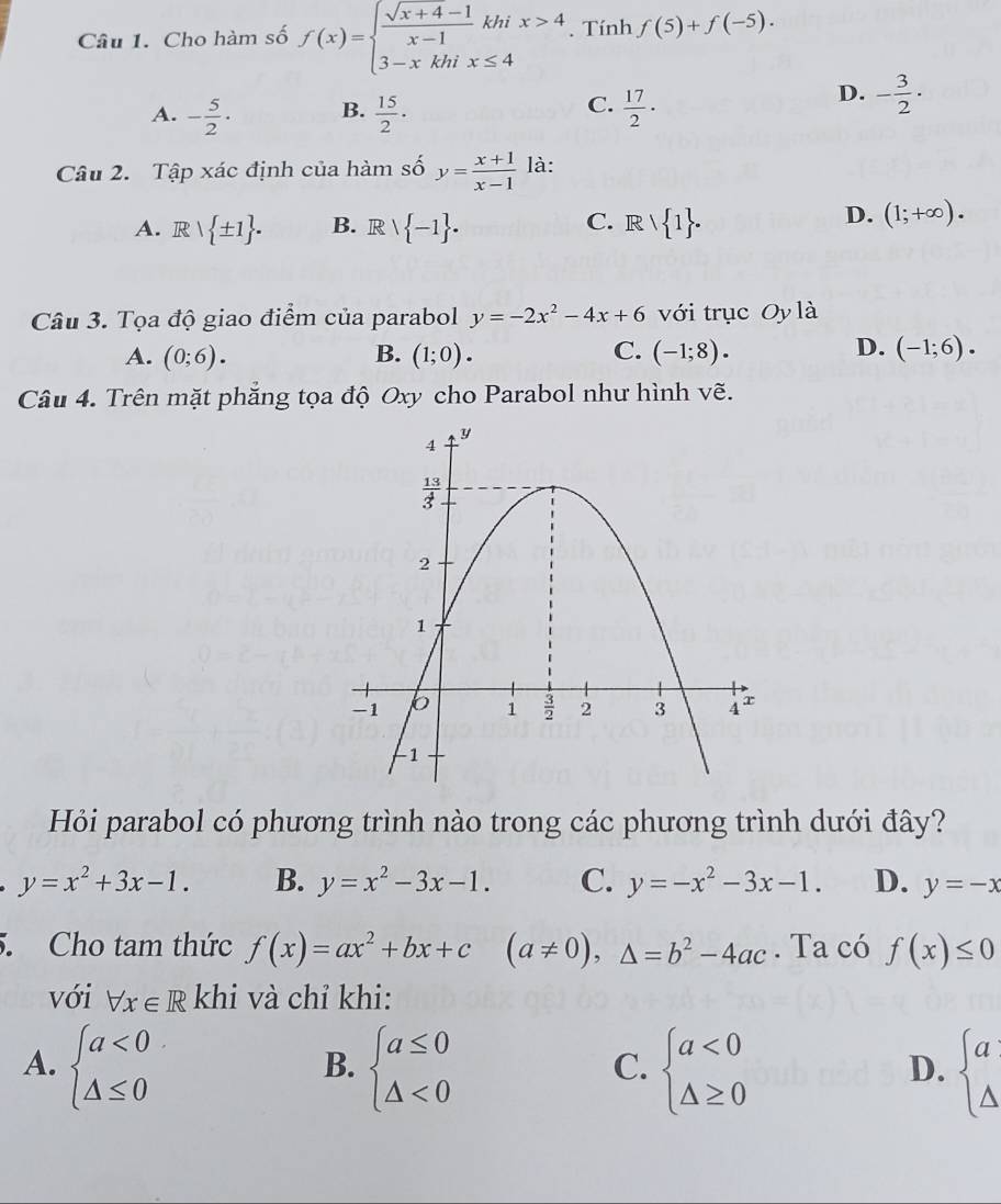 Cho hàm số f(x)=beginarrayl  (sqrt(x+4)-1)/x-1 khix>4 3-xkhix≤ 4endarray.. Tính f(5)+f(-5).
C.
A. - 5/2 · B.  15/2 ·  17/2 ·
D. - 3/2 ·
Câu 2. Tập xác định của hàm số y= (x+1)/x-1  là:
C.
A. Rvee  ± 1 . B. R  -1 . Rvee  1 .
D. (1;+∈fty ).
Câu 3. Tọa độ giao điểm của parabol y=-2x^2-4x+6 với trục Oy là
D.
A. (0;6). B. (1;0). C. (-1;8)· (-1;6).
Câu 4. Trên mặt phăng tọa độ Oxy cho Parabol như hình vẽ.
Hỏi parabol có phương trình nào trong các phương trình dưới đây?
y=x^2+3x-1. B. y=x^2-3x-1. C. y=-x^2-3x-1. D. y=-x
5. Cho tam thức f(x)=ax^2+bx+c (a!= 0),△ =b^2-4ac. Ta có f(x)≤ 0
với forall x∈ R khi và chỉ khi:
A. beginarrayl a<0 △ ≤ 0endarray. beginarrayl a≤ 0 △ <0endarray. beginarrayl a<0 △ ≥ 0endarray. beginarrayl a △ endarray.
B.
C.
D.