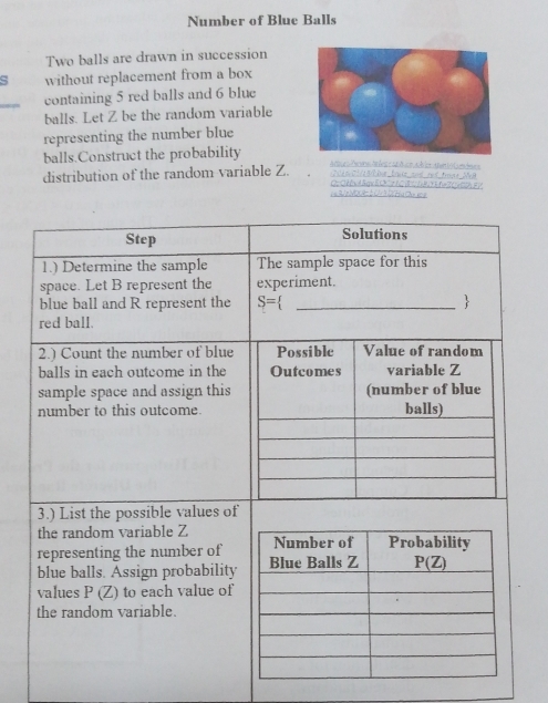 Number of Blue Balls
Two balls are drawn in succession
ς without replacement from a box
containing 5 red balls and 6 blue
balls. Let Z be the random variable
representing the number blue
balls.Construct the probability
distribution of the random variable Z.
i= zVOOR= 5 U/3 0( H aCa se