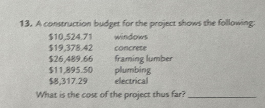 A construction budget for the project shows the following:
$10,524.71 windows
$19,378.42 concrete
$26,489.66 framing lumber
$11,895.50 plumbing
$8,317.29 electrical 
What is the cost of the project thus far?_