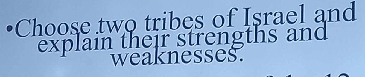 Choose two tribes of Israel and 
explain their strengths and 
weaknesses.