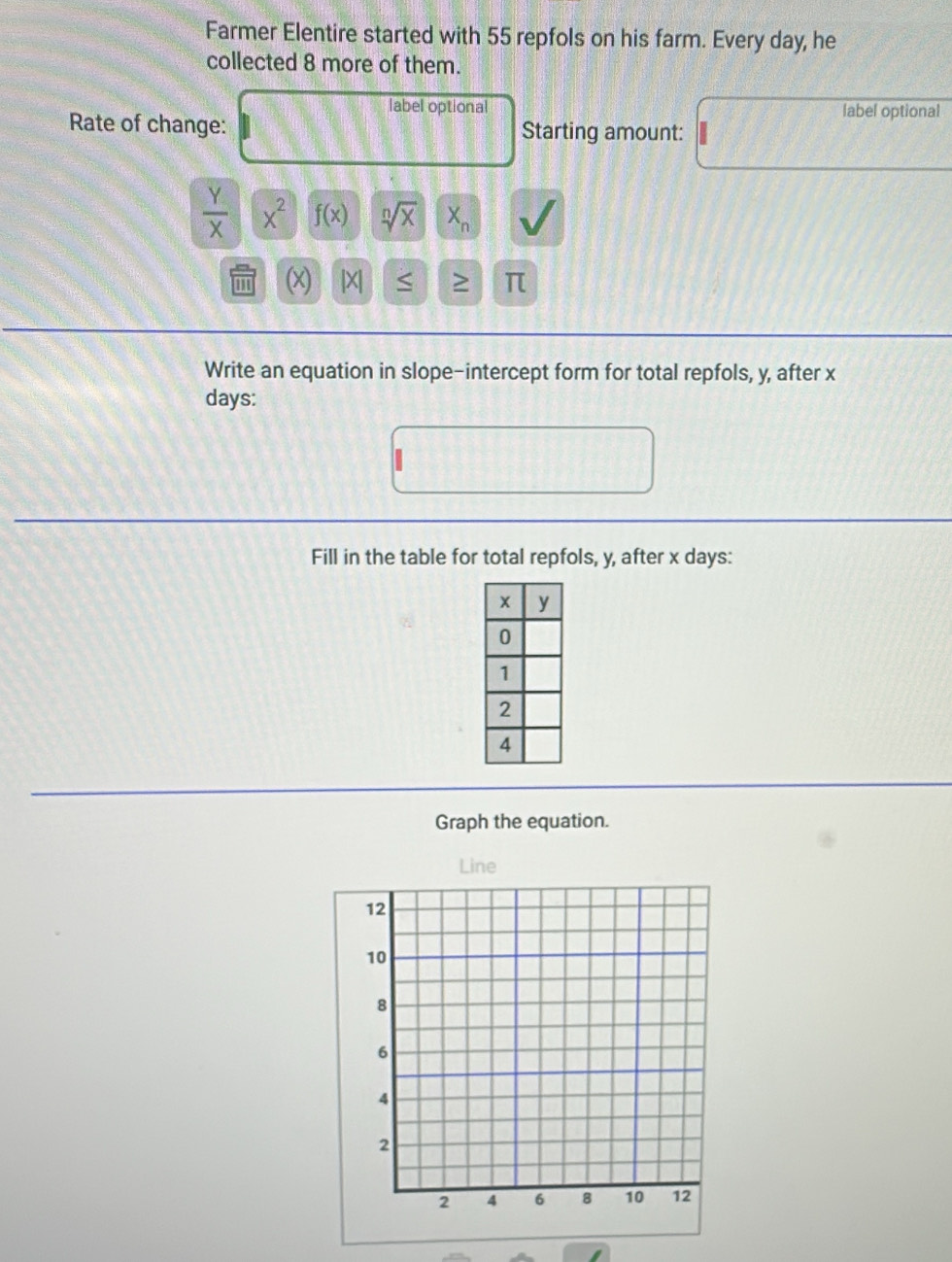 Farmer Elentire started with 55 repfols on his farm. Every day, he 
collected 8 more of them. 
label optional label optional 
Rate of change: Starting amount:
 Y/X  x^2 f(x) sqrt[n](x) X_n
| X| π
Write an equation in slope-intercept form for total repfols, y, after x
days : 
Fill in the table for total repfols, y, after x days : 
Graph the equation. 
Line