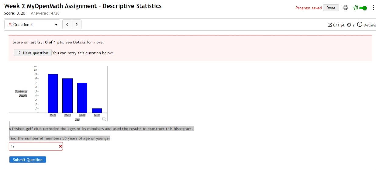 Week 2 MyOpenMath Assignment - Descriptive Statistics Progress saved Done sqrt(0) : 
Score: 3/20 Answered: 4/20 
× Question 4 Next question You can retry this question below 
A frisbee-golf club recorded the ages of its members and used the results to construct this histogram. 
Find the number of members 30 years of age or younger
17
× 
Submit Question