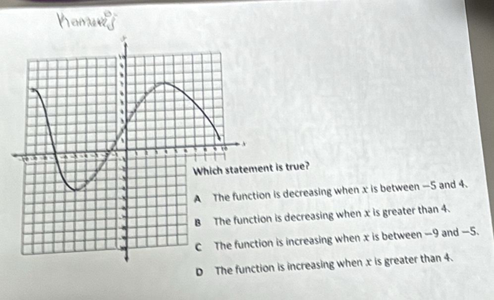 is true?
is decreasing when x is between —5 and 4.
is decreasing when x is greater than 4.
is increasing when x is between -9 and —5.
D Tn is increasing when x is greater than 4.