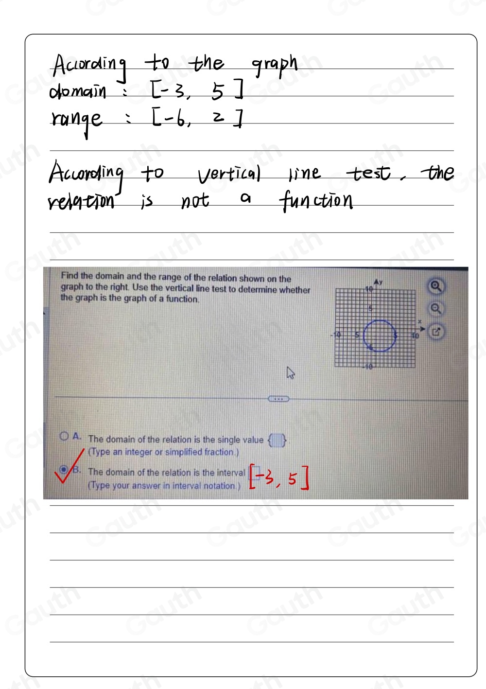 Find the domain and the range of the relation shown on the Ay 
graph to the right. Use the vertical line test to determine whether 10
the graph is the graph of a function
5
x
-50 5 40
A. The domain of the relation is the single value  □ 
(Type an integer or simplified fraction.) 
B. The domain of the relation is the interval 
(Type your answer in interval notation.)