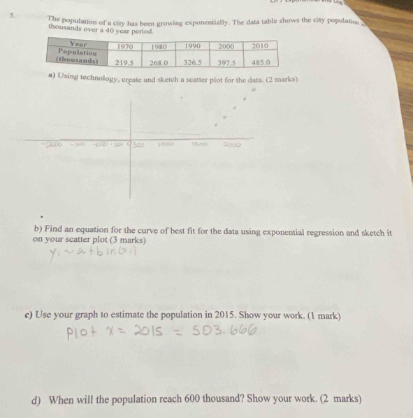 The population of a city has been growing exponentially. The data table shows the city population 
thousands over a 40 year period. 
a) Using technology, create and sketch a scatter plot for the data. (2 marks) 
b) Find an equation for the curve of best fit for the data using exponential regression and sketch it 
on your scatter plot (3 marks) 
c) Use your graph to estimate the population in 2015. Show your work. (1 mark) 
d) When will the population reach 600 thousand? Show your work. (2 marks)