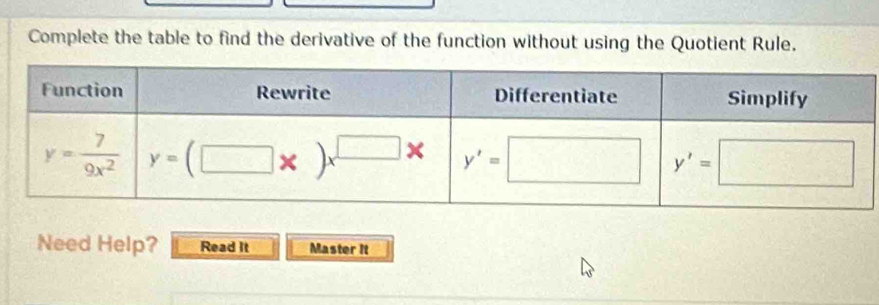 Complete the table to find the derivative of the function without using the Quotient Rule.
Need Help? Read It Master It