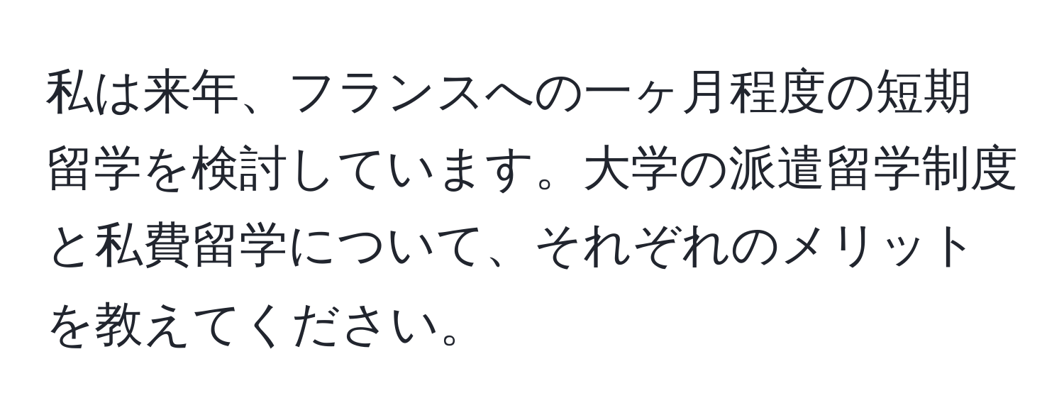 私は来年、フランスへの一ヶ月程度の短期留学を検討しています。大学の派遣留学制度と私費留学について、それぞれのメリットを教えてください。