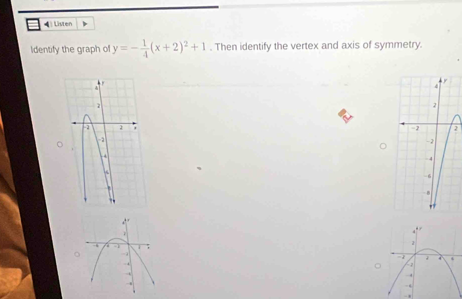 ◀ Listen 
Identify the graph of y=- 1/4 (x+2)^2+1. Then identify the vertex and axis of symmetry. 
2 
-