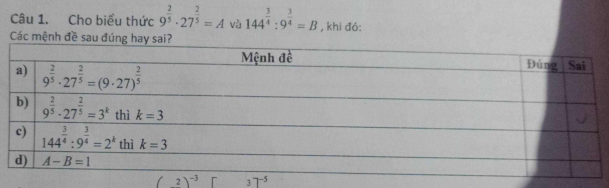 Cho biểu thức 9^(frac 2)5· 27^(frac 2)5=A và 144^(frac 3)4:9^(frac 3)4=B , khi đó:
Các mệnh đề sau đúng hay sai?
(_ 2)^-3
3]^-5