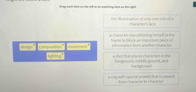 Drag each item on the left to its matching item on the right.
the illumination of only one side of a
character's face
a character repositioning herself in the
frame to block an important piece of
design composition* movement information from another character
lighting* a shot that places characters in the
foreground, middle ground, and
background
a ring with special powers that is passed
from character to character