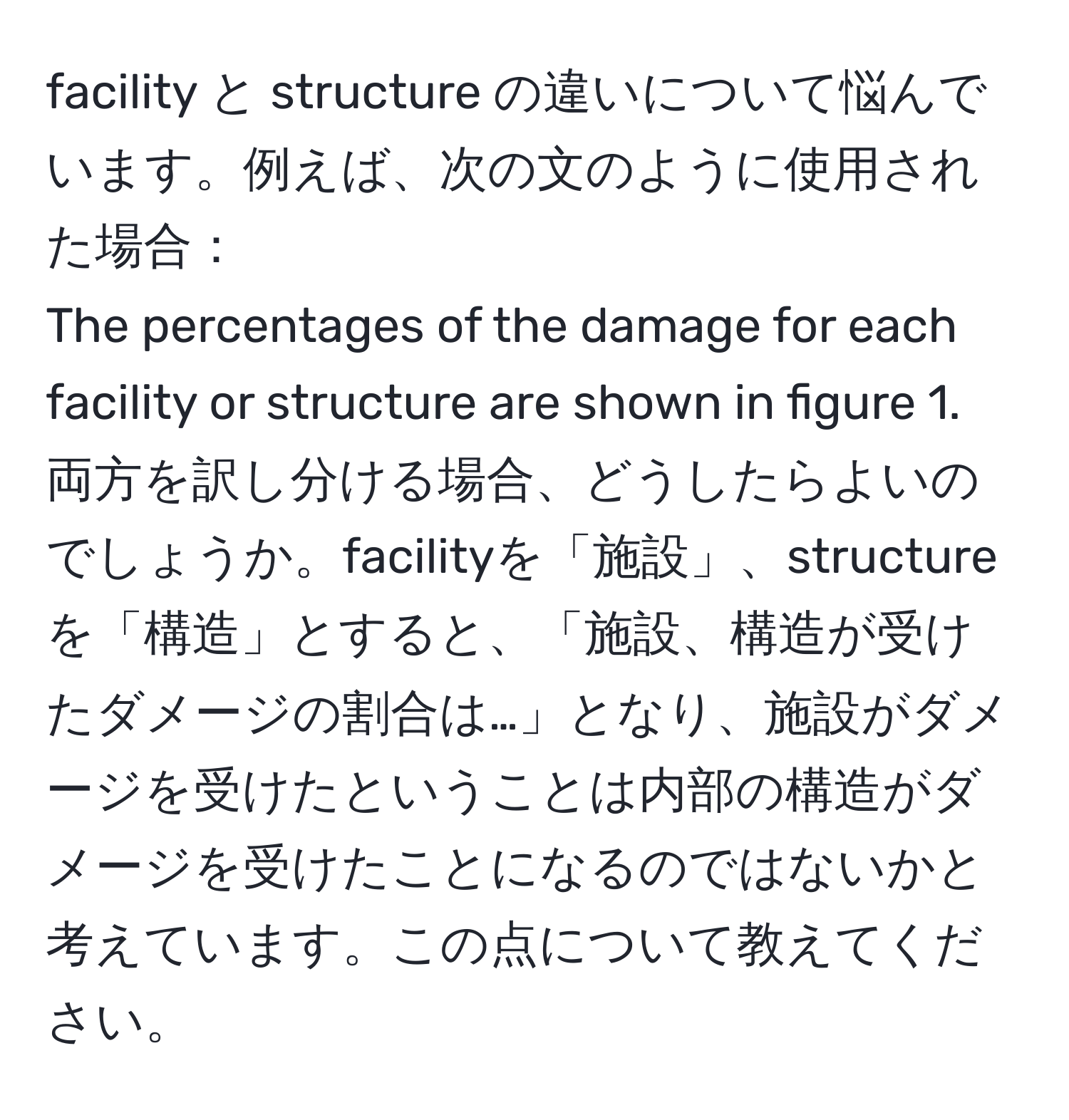 facility と structure の違いについて悩んでいます。例えば、次の文のように使用された場合：  
The percentages of the damage for each facility or structure are shown in figure 1.  
両方を訳し分ける場合、どうしたらよいのでしょうか。facilityを「施設」、structureを「構造」とすると、「施設、構造が受けたダメージの割合は…」となり、施設がダメージを受けたということは内部の構造がダメージを受けたことになるのではないかと考えています。この点について教えてください。