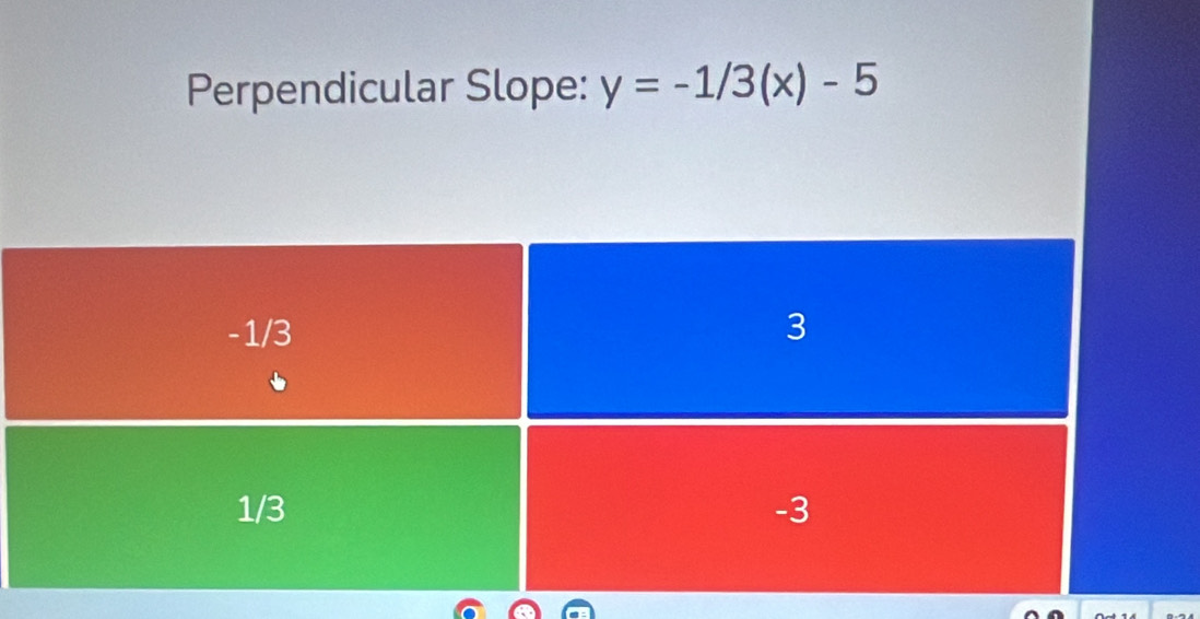 Perpendicular Slope: y=-1/3(x)-5