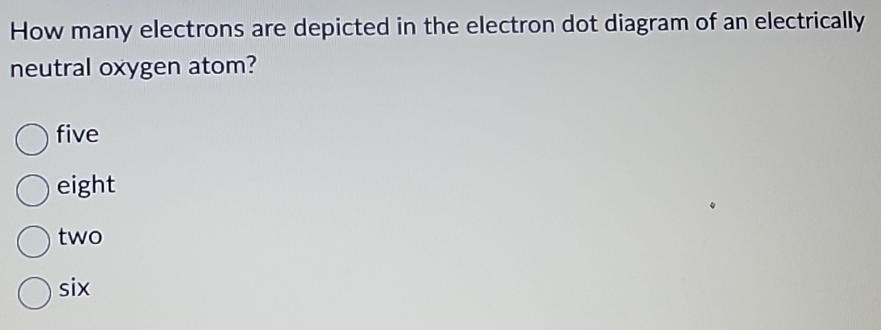 How many electrons are depicted in the electron dot diagram of an electrically
neutral oxygen atom?
five
eight
two
six