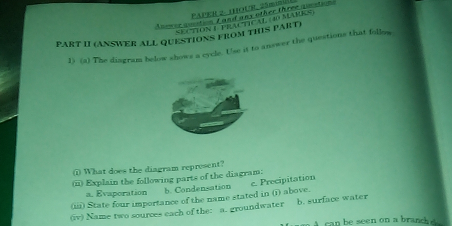 PAPER 2- 1HOUR, 25minl 
Answer question L and any other three questions 
SECTION 1 PRACTICAL (40 MARKS) 
PART II (ANSWER ALL QUESTIONS FROM THIS PART) 
1) (a) The disgram below shows a cycle. Use it to answer the questions that follow 
What does the diagram represent? 
(n) Explain the following parts of the diagram: 
a. Evaporation b. Condensation c. Precipitation 
(iii) State four importance of the name stated in (i) above. 
(iv) Name two sources each of the: a. groundwater b. surface water 
A can be seen on a branc d